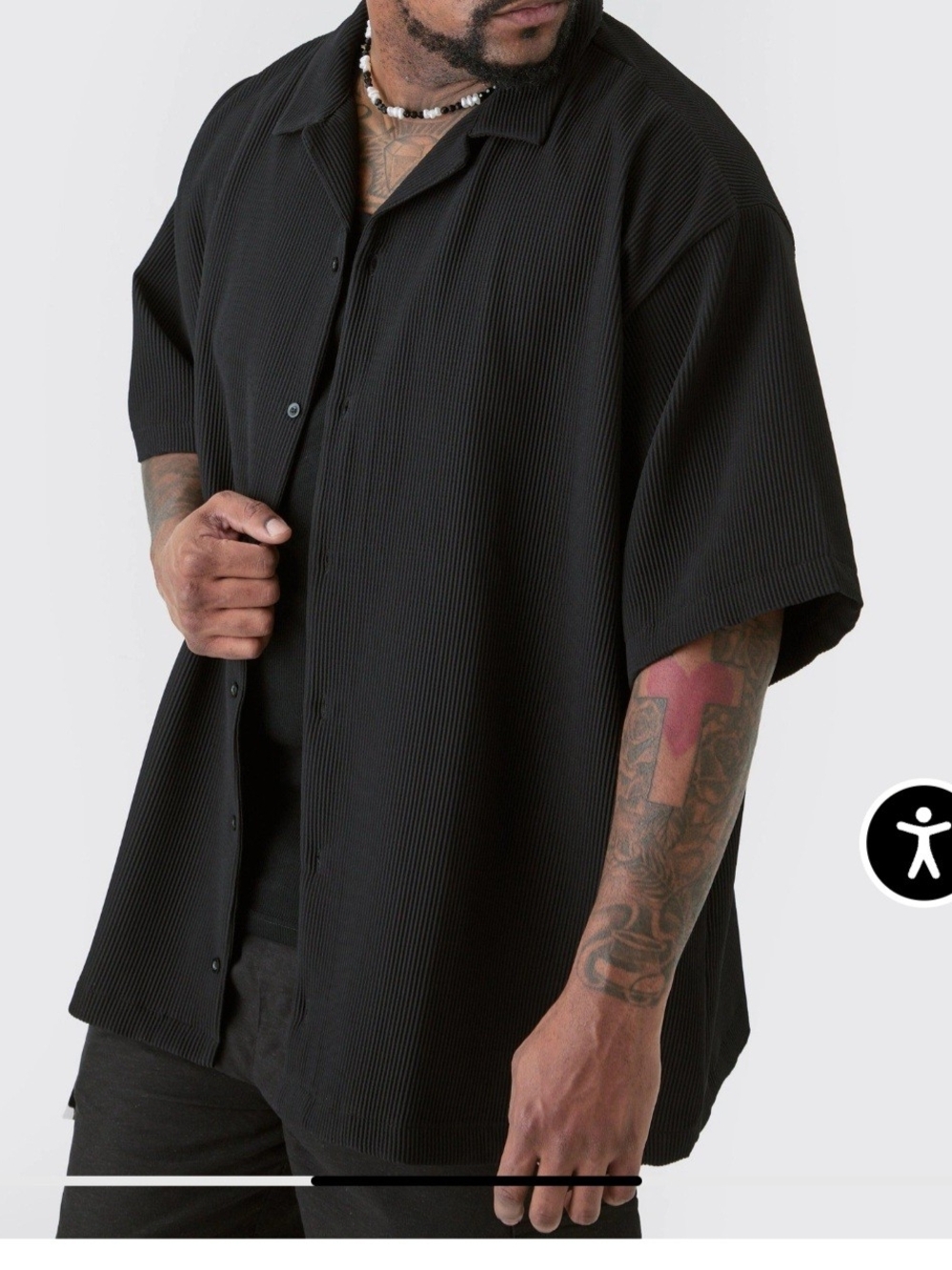 BoohooMAN 4XL  Men's Black Short-Sleeve Button-Up Shirt Ribbed Textured